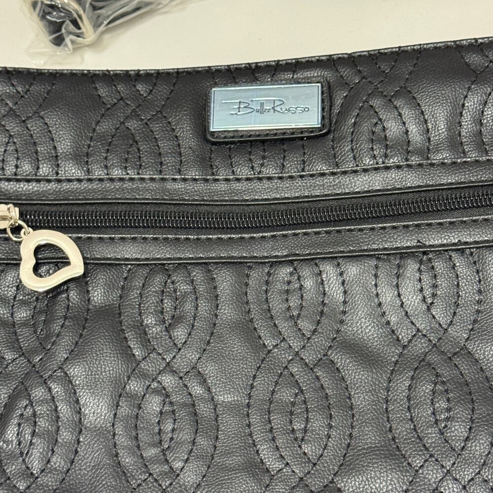 Bella Russo Quilted Crossbody Purse Black Silver Heart Tassel Hand Bag Zipper - Picture 2 of 8